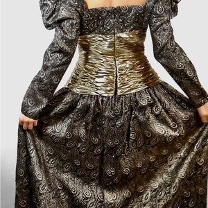 Paisley Black And Gold Evening Gown With Rhinestones Circa 1980s